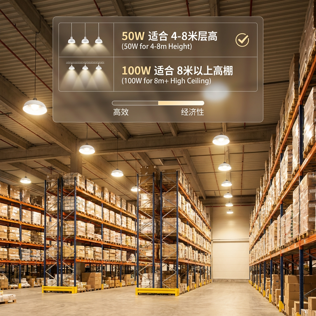 现代化工业仓库中,50W陶瓷灯均匀照亮货架和过道。画面上方浮动对比表格,指出“50W适合4-8米层高”和“100W适合8米以上高棚”,强调科学布灯与高效经济。