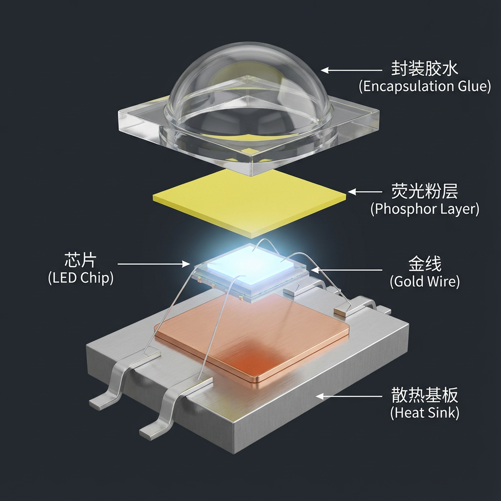 SMD2V3030 LED灯珠的3D结构分解透视图，展示芯片、金线和散热基板等内部组件