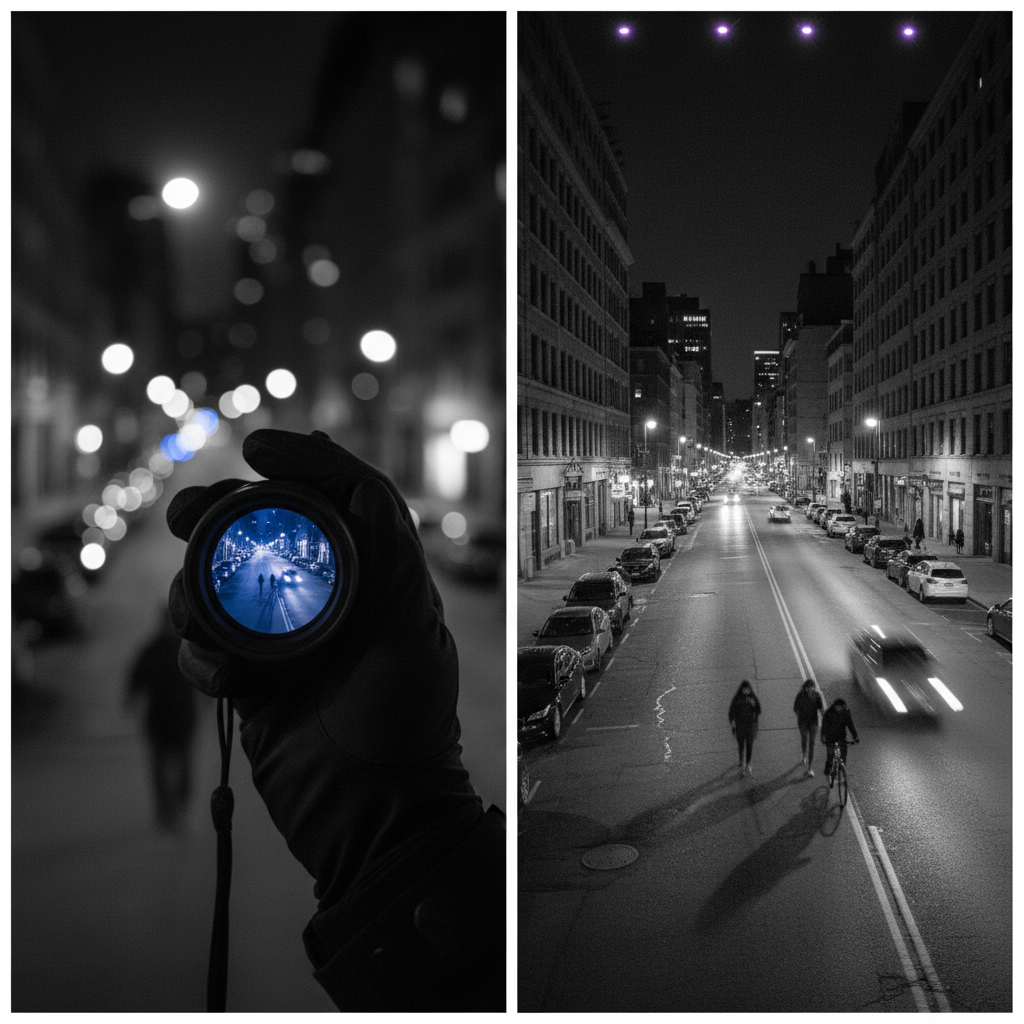 执法仪在红外LED灯珠辅助下,夜间画面从模糊变为清晰,展现了红外夜视技术的关键作用。