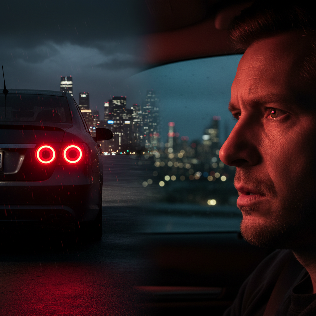 汽车的后部,刹车灯亮起,闪耀着鲜艳的红色光芒。旁边是后车司机的面部特写,眼睛注视着刹车灯,表达着司机做出反应。远处是城市夜晚的景象。