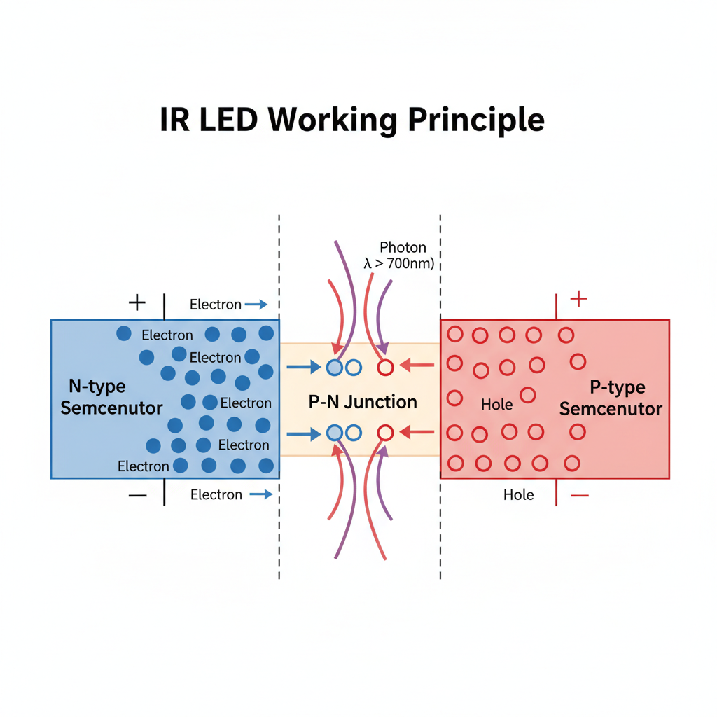 IR LED内部P-N结工作原理示意图,展示电子和空穴在结区复合并以红外光子形式释放能量的过程。