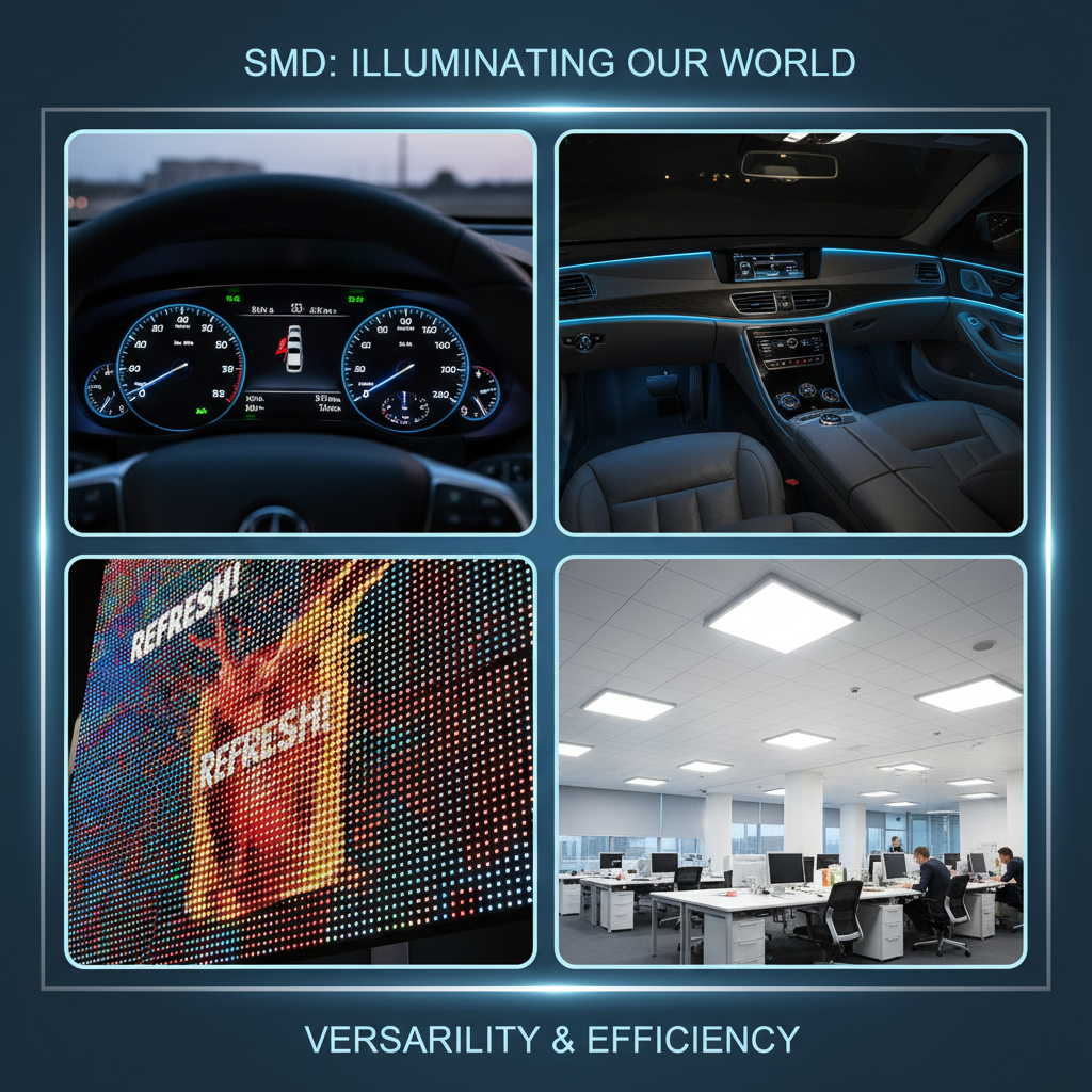 一个多场景复合图,展示SMD光源的广泛应用。画面包含汽车仪表盘的明亮背光,一辆汽车的酷炫氛围灯,一个色彩鲜艳的LED广告牌局部,以及一间现代办公室中均匀发光的LED面板灯。强调其多功能性和普及性。