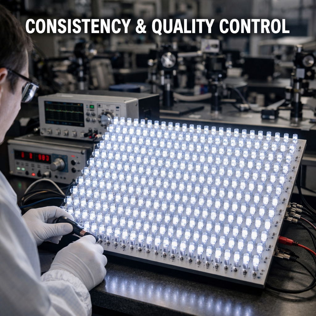 专业光学实验室中，大量直插LED灯珠进行一致性测试，强调高品质分光分色工艺和品牌对产品质量的严格把控。
