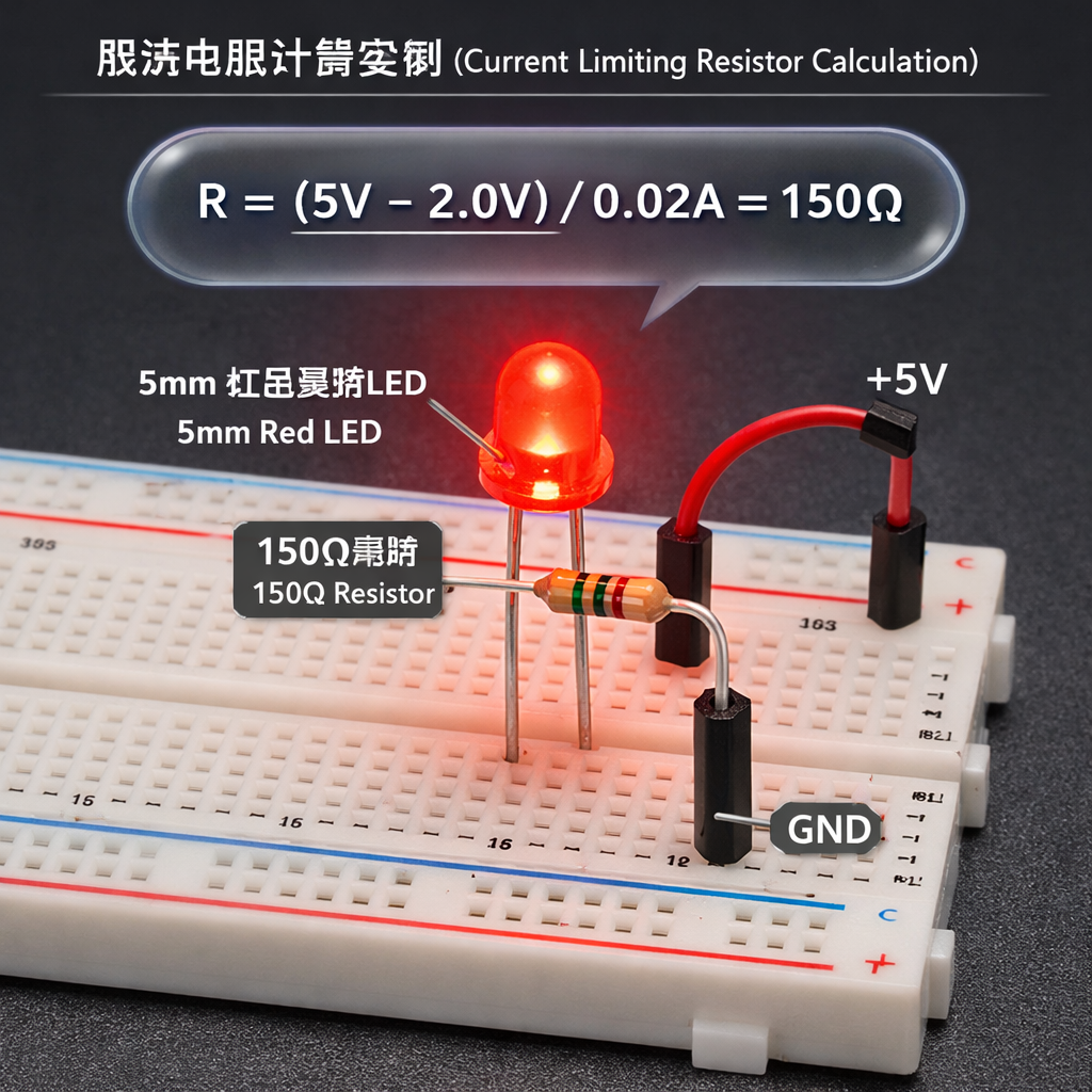 一张实战电路演示图，展示5mm草帽LED灯珠通过150Ω限流电阻安全接入5V电源的接法，图中包含计算公式R = (5V - 2.0V) / 0.02A = 150Ω。
