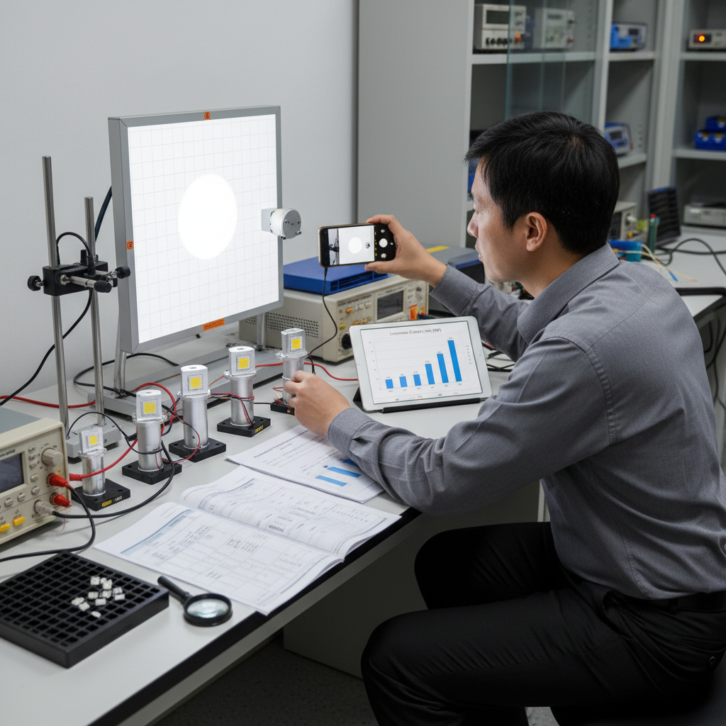 一位采购经理正在专业地比较不同大功率LED灯珠,检查光斑均匀性、频闪和各种关键参数。