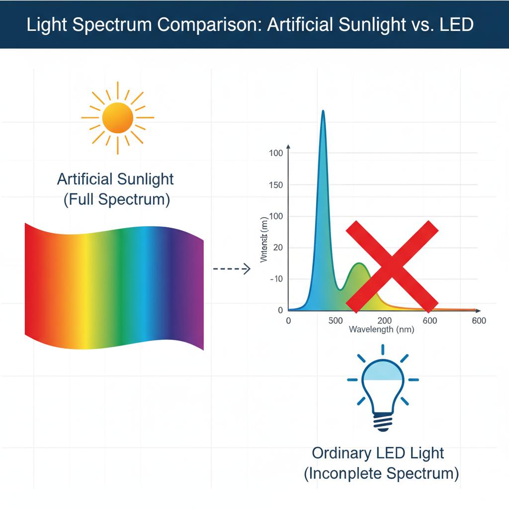 全光谱灯与普通LED灯光谱对比图:连续彩虹光谱与带蓝峰的LED光谱