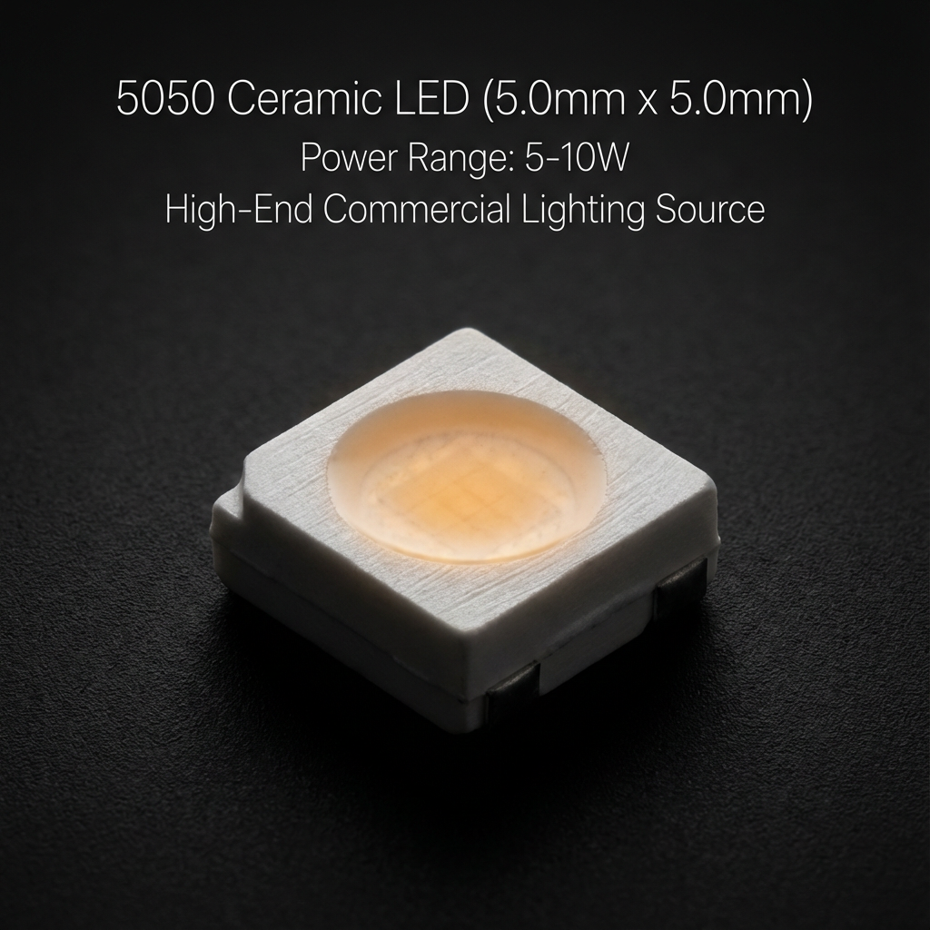 5050陶瓷LED灯珠的微距特写,突出其5.0mm x 5.0mm的精密结构和5-10W的功率范围,象征着高性能照明核心元件。