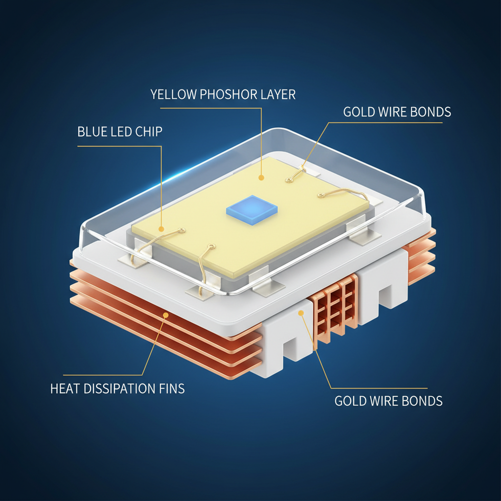 2835白光LED灯珠内部结构透视图,展示芯片、荧光粉和散热设计