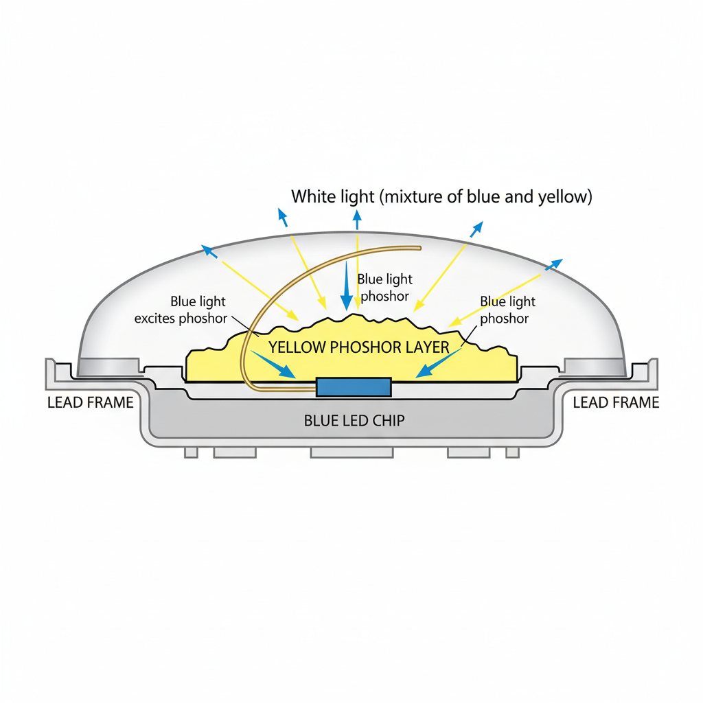 5050白光灯珠剖面示意图,展示蓝光LED芯片、荧光粉层、金线和支架,并用箭头说明蓝光激发荧光粉产生白光的原理。