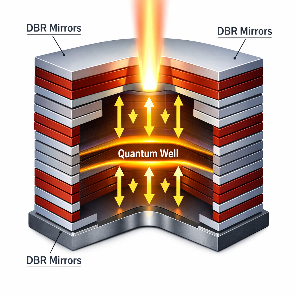 VCSEL内部结构的3D剖面示意图，清晰展示了量子阱发光层和上下两层DBR反射镜，光子在谐振腔内形成激光并从顶部射出。