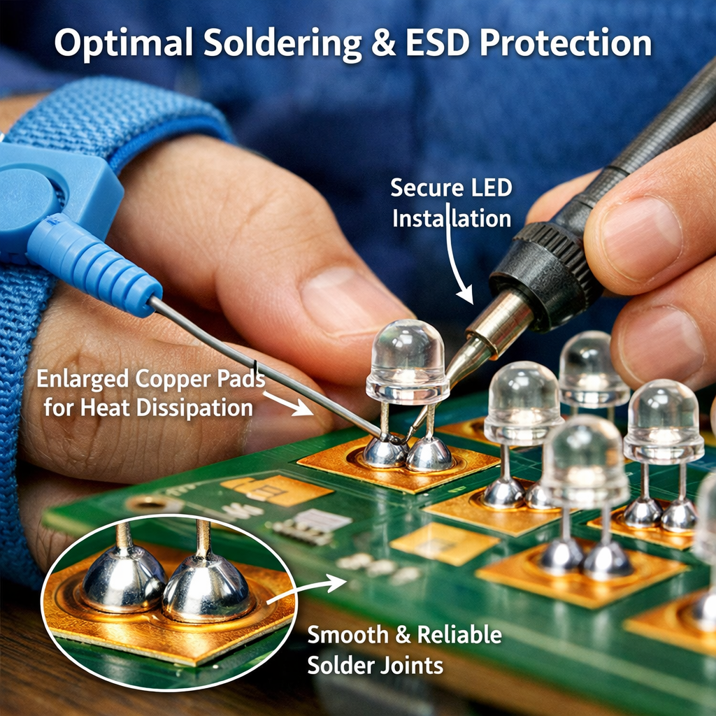 一个微距摄影风格的特写镜头，展示电子工程师正在规范安装直插灯珠。操作者戴着蓝色防静电手环，PCB板上引脚焊接处的铜箔面积特意加宽以辅助散热。灯珠排布整齐，焊接点饱满圆润，体现专业制造工艺，画面包含英语注解：'Optimal Soldering & ESD Protection'。
