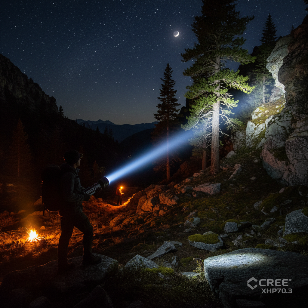 户外夜间使用强光手电筒的场景,光束清晰照亮远处的树木和地形,展现Cree XHP70.3型号手电筒的良好聚光和射程效果