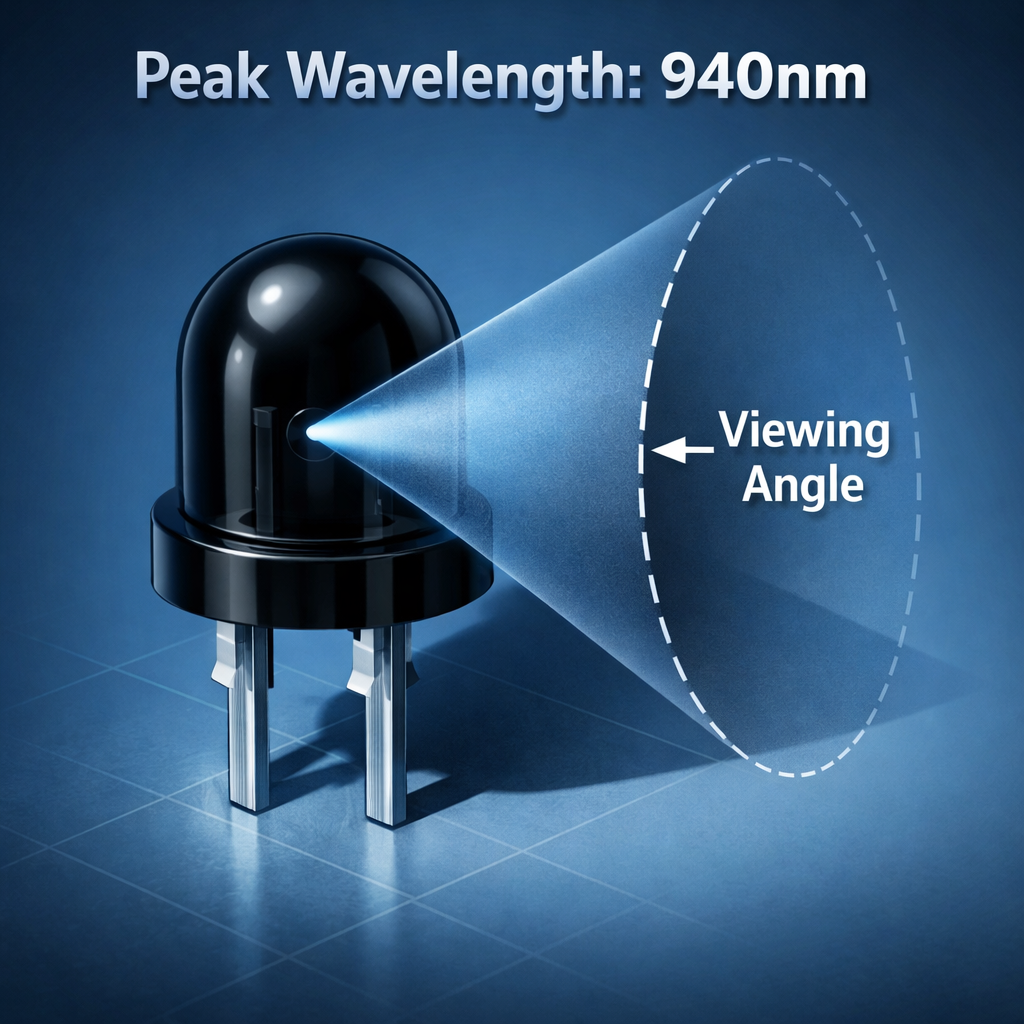 直插接收灯珠光学参数示意图，展示940nm峰值波长和可调视角范围