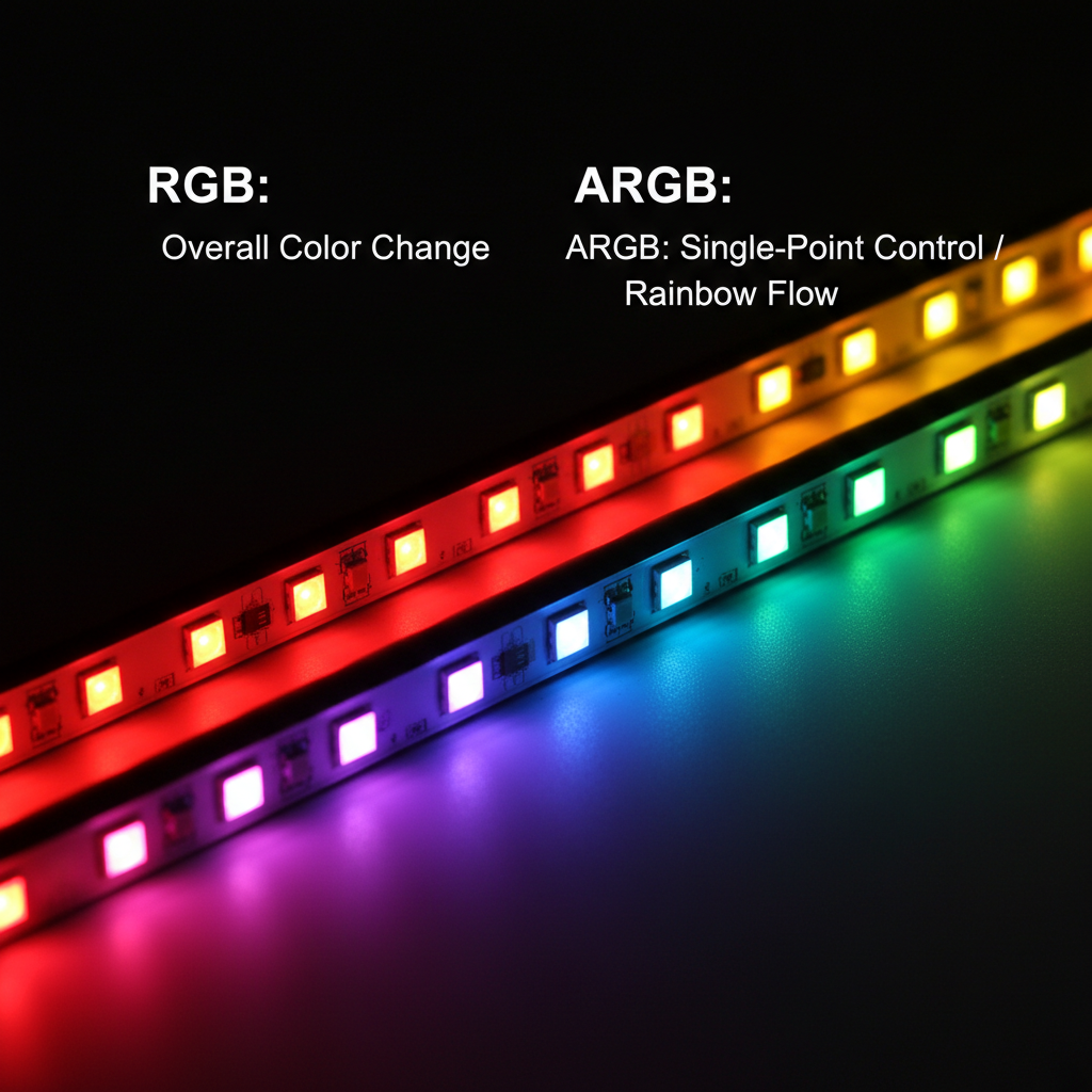RGB灯带发出单一的红色光,而ARGB灯带展现出彩虹流光效果,每个灯珠显示不同颜色,色彩过渡平滑自然,并标注了“RGB整体变色”和“ARGB单点控制”