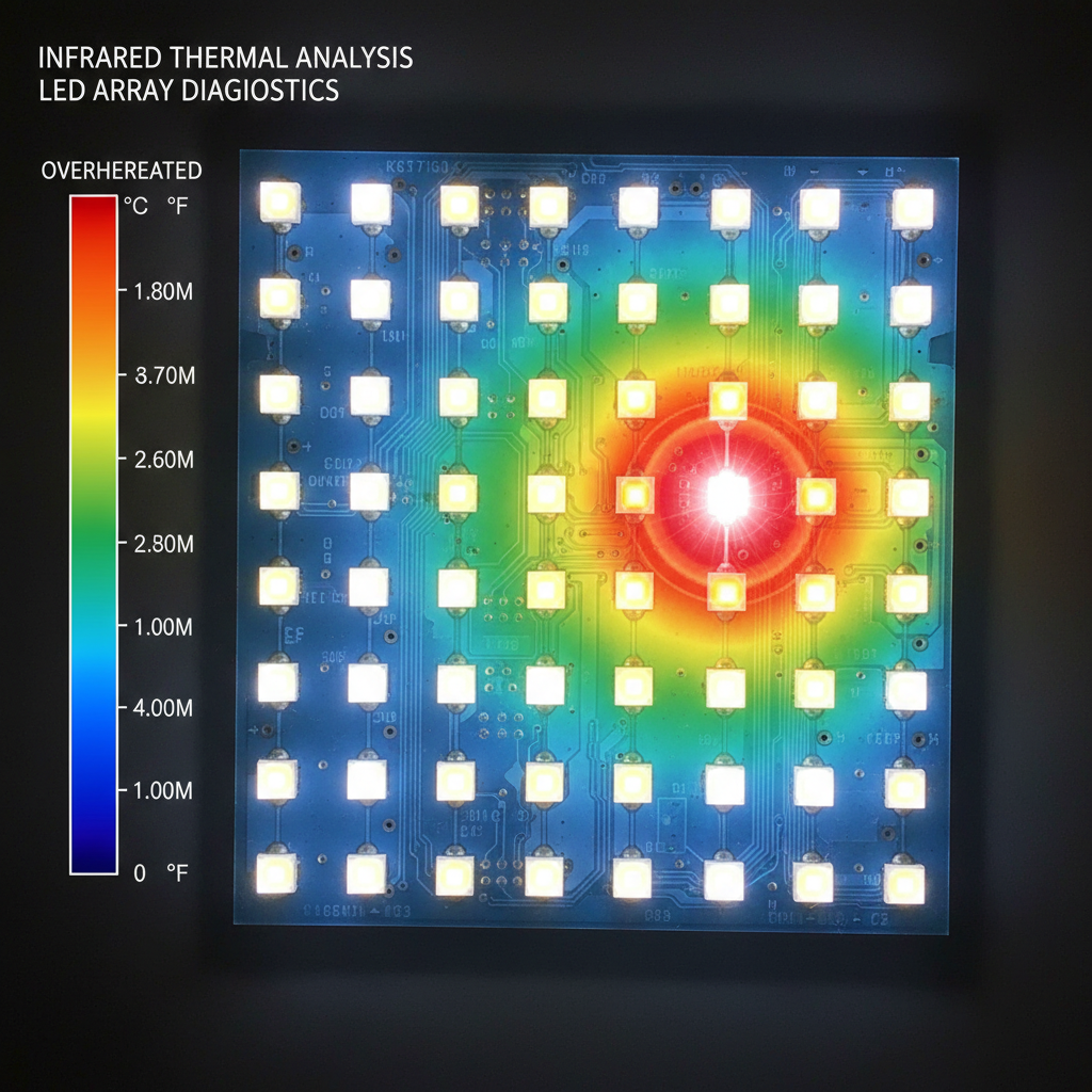 俯瞰视角下,一个工作的LED灯珠阵列,其上叠加一层透明的红外热成像图。图中使用不同颜色表示热量分布,清晰标示出一个异常过热的LED灯珠。此画面强调红外技术在LED热管理和缺陷检测中的高效应用。