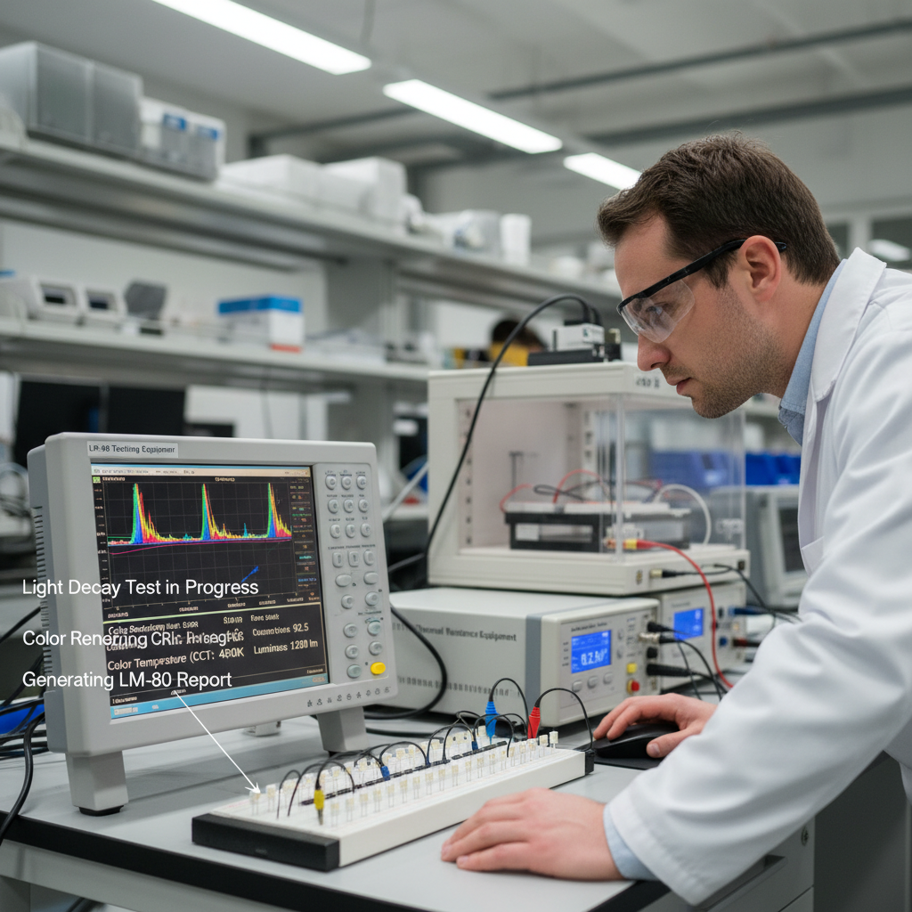 实验室中,工程师正在使用光谱分析仪测试LED灯珠,屏幕上显示光谱图、CRI和CCT等参数,旁边是LM-80和热阻测试设备,展示专业的LED灯珠性能评估过程。