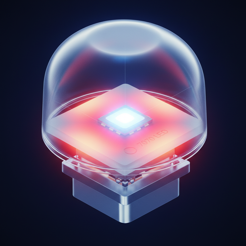 7070 LED灯珠的切面视图,展示芯片与陶瓷基板结构,并用红色渐变表示热量高效传导过程。