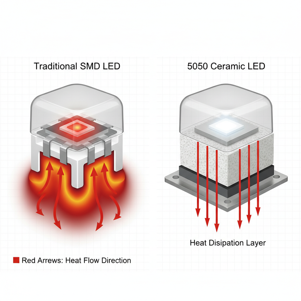 传统SMD LED与5050陶瓷LED散热对比图。左侧传统SMD LED塑料支架导致热量堆积，右侧5050陶瓷LED通过陶瓷基板高效散热。