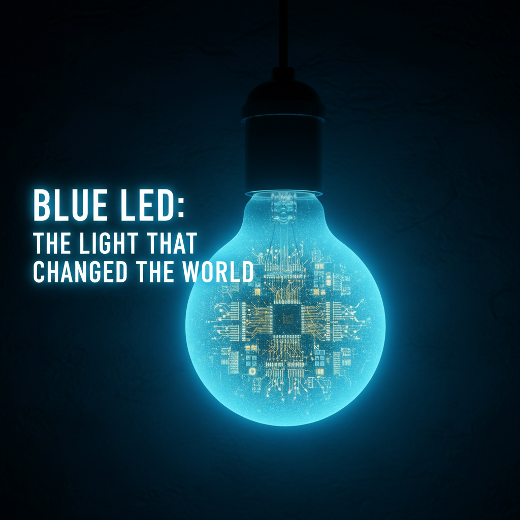一个巨大的、发光的蓝色LED灯泡悬浮在黑暗背景中,其光芒照亮了周围的区域。灯泡内部结构清晰可见,复杂的芯片和荧光粉涂层。标题用醒目的字体标注着“蓝色LED:改变世界的光”,强调了这篇文章的主题。