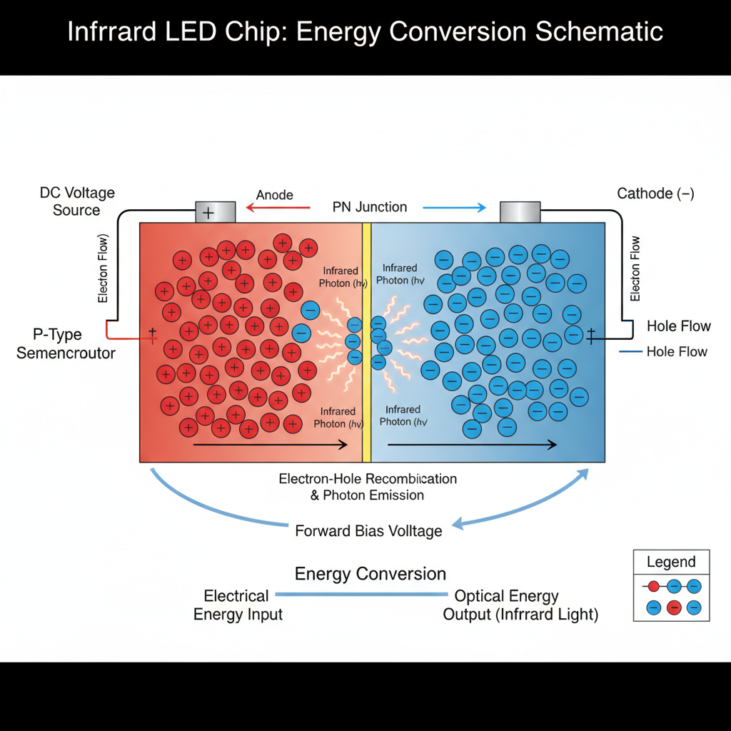 红外LED灯珠半导体PN结工作原理示意图