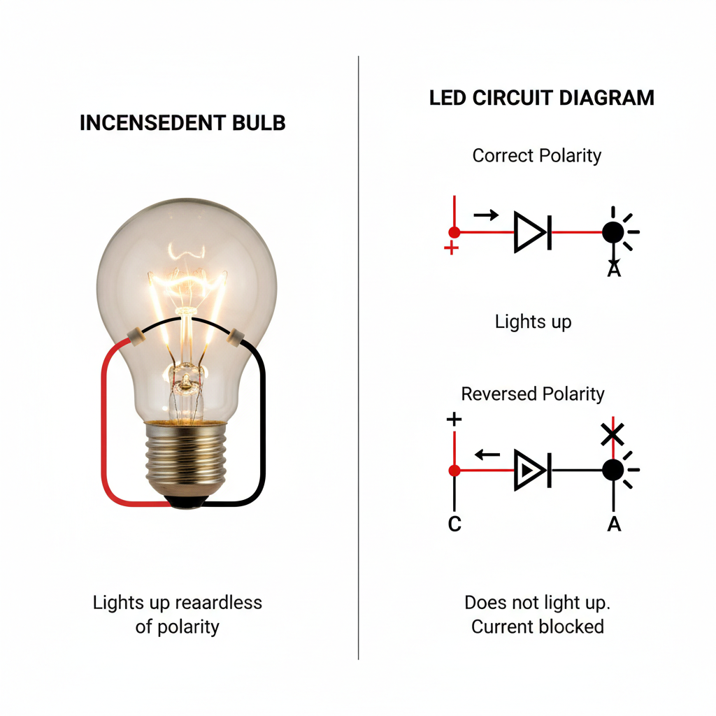 左右对比图:左侧是白炽灯,无论红黑线正反接,灯泡都正常发光。右侧是LED灯的电路图,正确连接时发光,而红黑线反接时,LED二极管处显示电流被阻断,灯不亮。