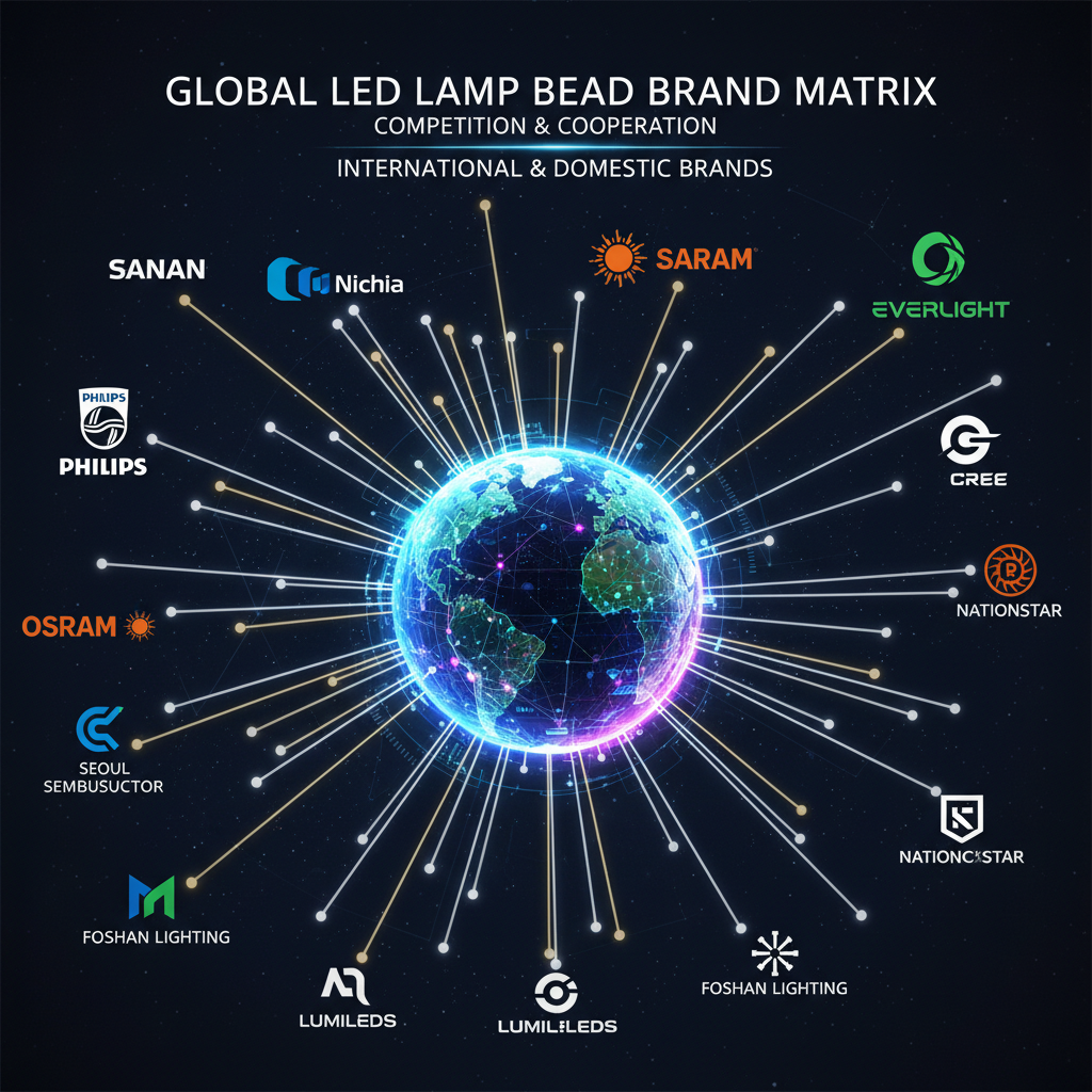 创作一个全球LED灯珠品牌矩阵图,中心是地球的抽象轮廓。不同国家的品牌Logo(例如Philips, Osram, Sanan, Everlight)以连接线或光束的形式围绕地球分布,象征全球化竞争与合作,突出国际品牌与国产品牌的并存。