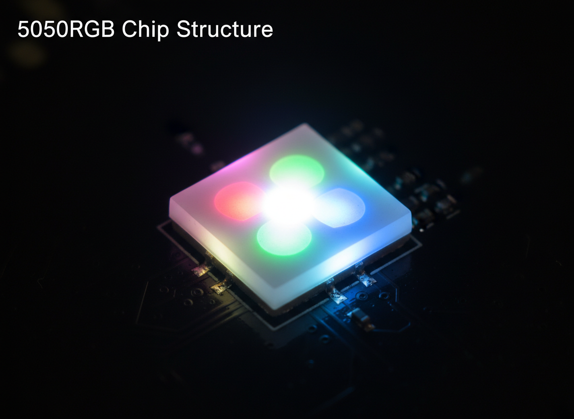 宏观摄影视角下的5050RGB灯珠特写，5mm x 5mm的正方形陶瓷封装精细可见。灯珠内部的红、绿、蓝三个芯片同时点亮，在黑色电路板背景下混合出中心极其明亮的纯白色光芒，周围带有柔和的七彩光晕。标注文字：5050RGB Chip Structure.