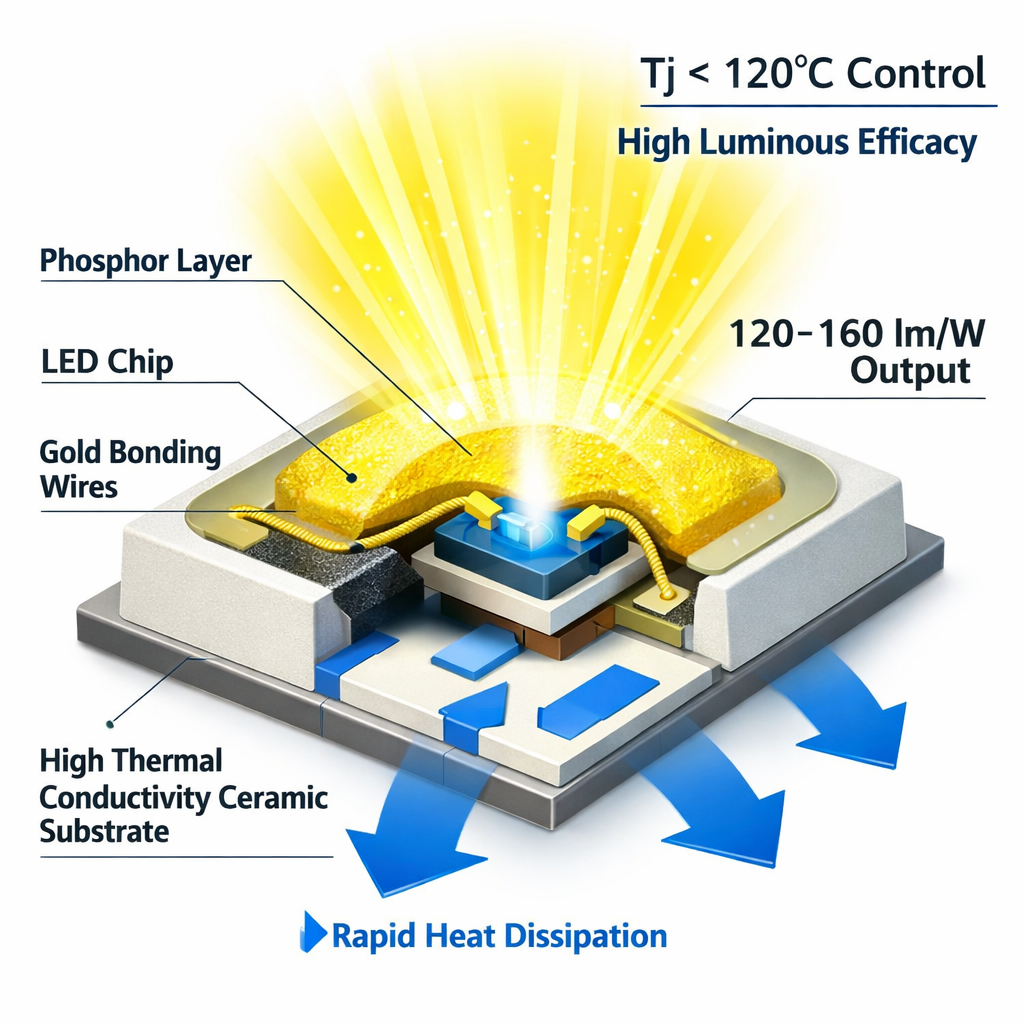 3535 LED封装的3D剖面图，展示高导热陶瓷基板、内部芯片、金线和荧光粉层，动态光束示意120-160lm/W的高光效，蓝色箭头表示Tj < 120°C的有效热量排出。