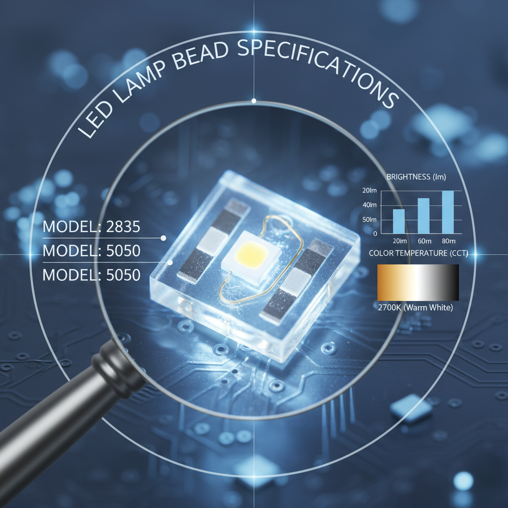 一张展示LED灯珠内部结构和关键参数的特写图,包括2835、5050等型号以及亮度(lm)和色温(CCT)的标注,突出LED灯珠规格的复杂性与重要性。