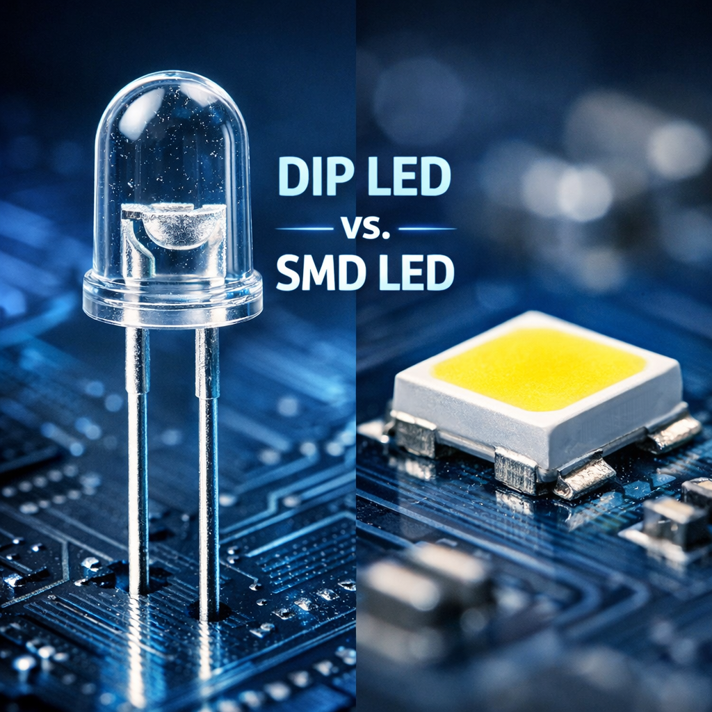 直插灯珠与贴片灯珠外观与结构对比，清晰展示直插式DIP LED的长引脚和贴片式SMD 2835 LED的紧凑设计