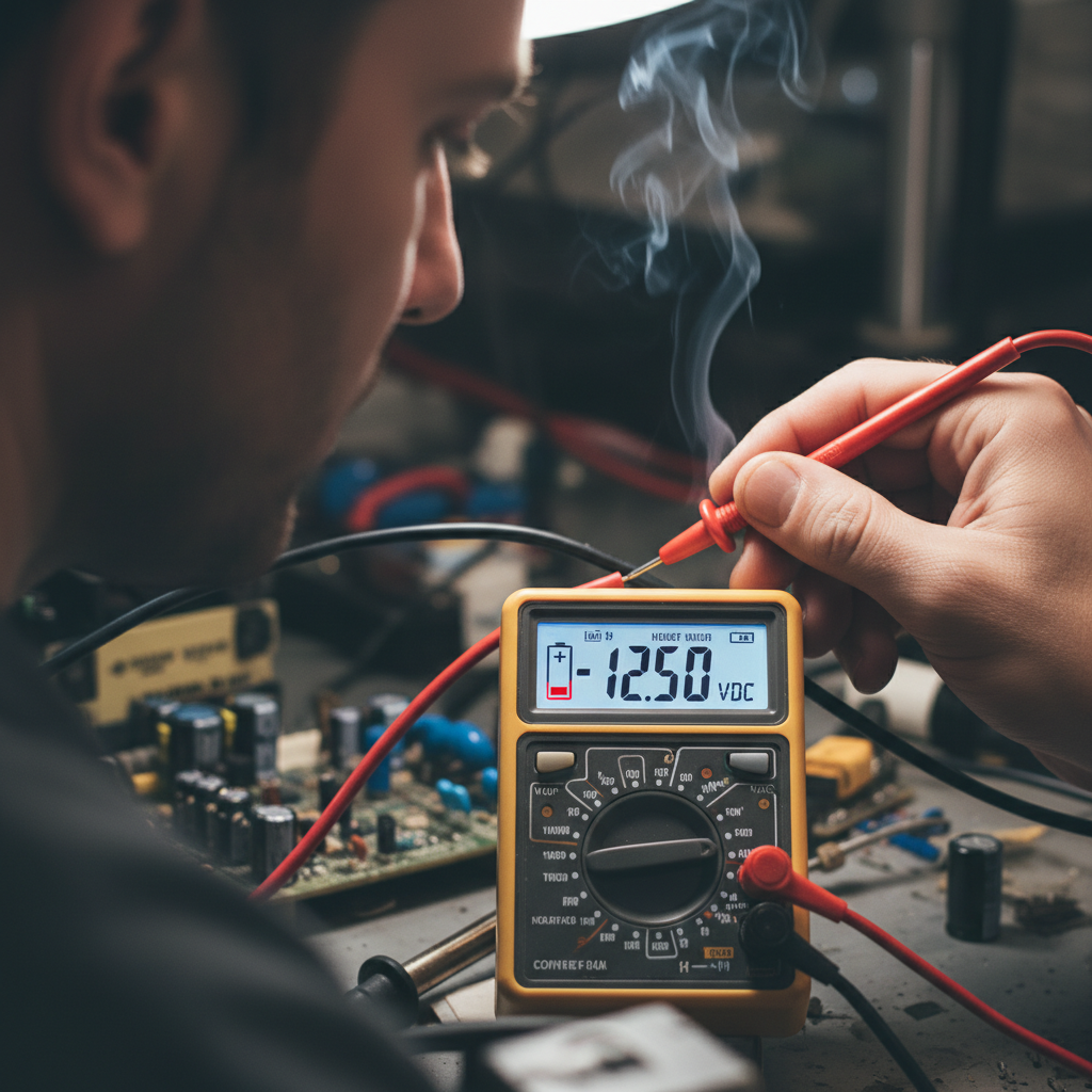 一个人手持万用表,正在测量电源线(红线和黑线)的直流电压和极性,万用表屏幕清晰显示出正或负的电压读数,旁边有“+”和“-”的标识,强调正确接线的关键。