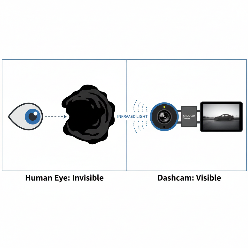 概念图:左侧人眼在黑暗中不可见,右侧行车记录仪通过CMOS/CCD捕捉红外光形成清晰黑白图像,实现夜视。