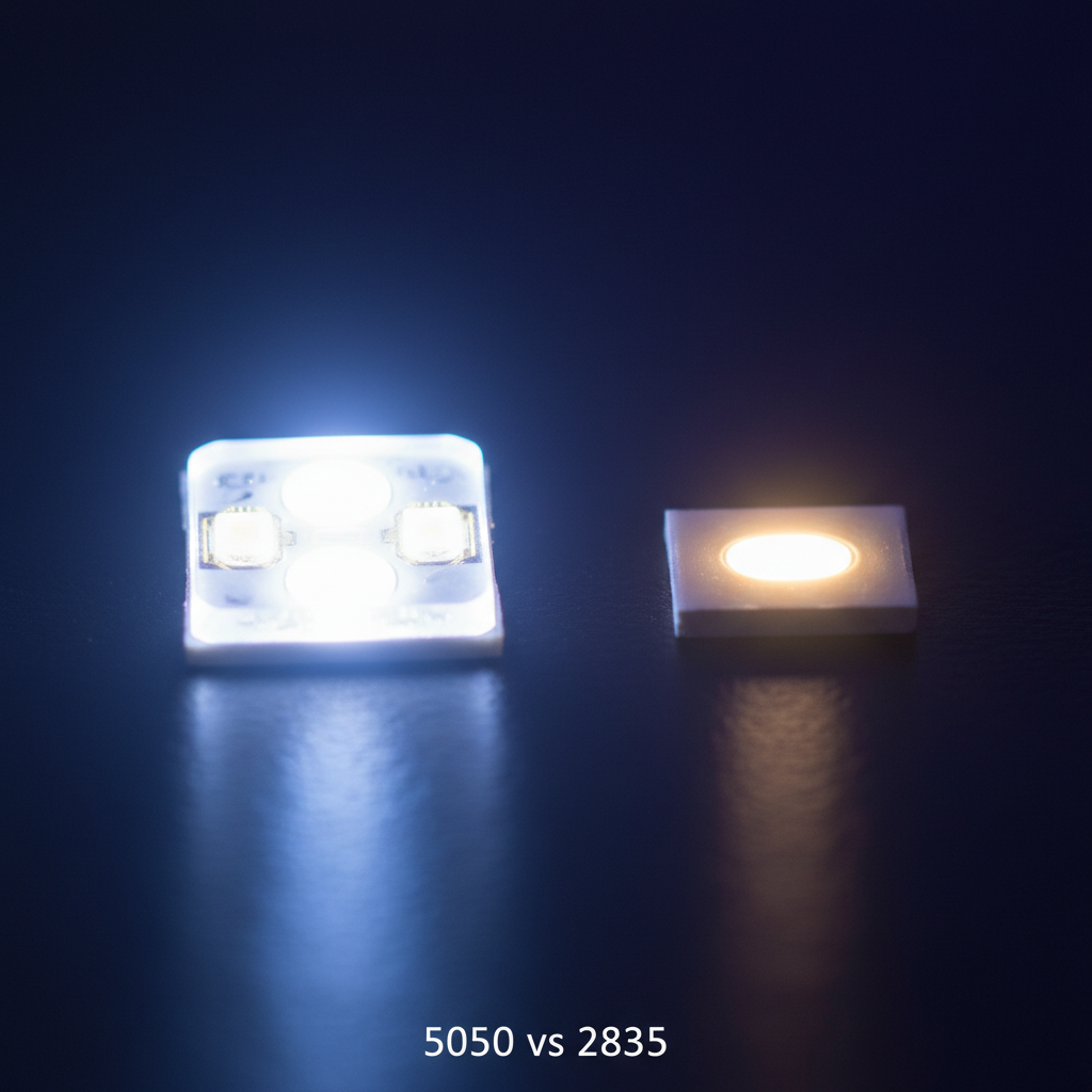5050陶瓷LED和2835陶瓷LED的并排比较,5050尺寸更大,亮度更高,展示两者在功率和应用场景上的差异。