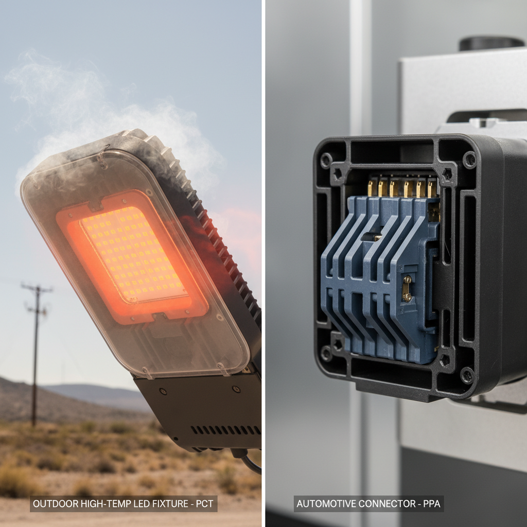 一张对比场景图,左侧是一个大功率LED路灯在高温环境下,其支架暗示PCT材料的耐热性;右侧是一个汽车内部连接器,其支架以坚固的蓝色呈现,暗示PPA材料的机械强度。