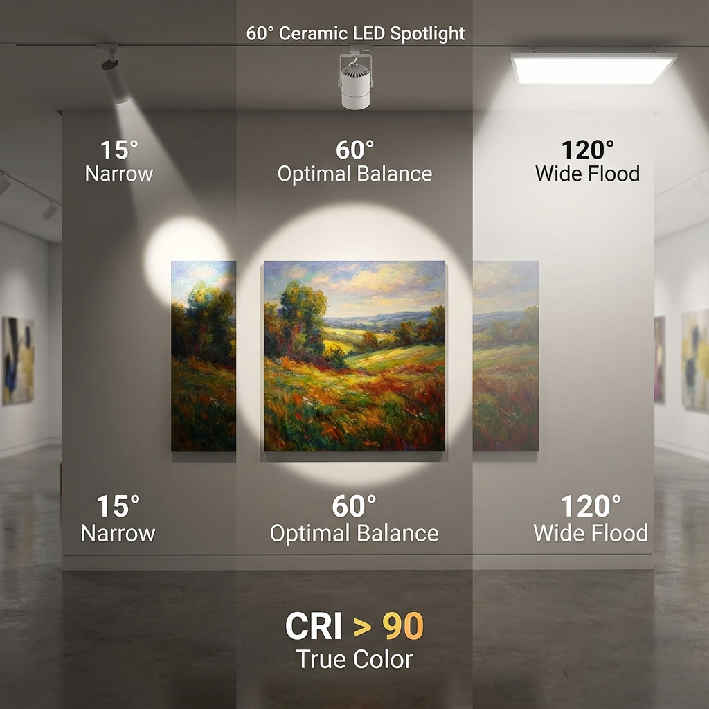 60°LED发光陶瓷灯珠在艺术画廊的照明效果对比，展示其精准控光和高显指优势