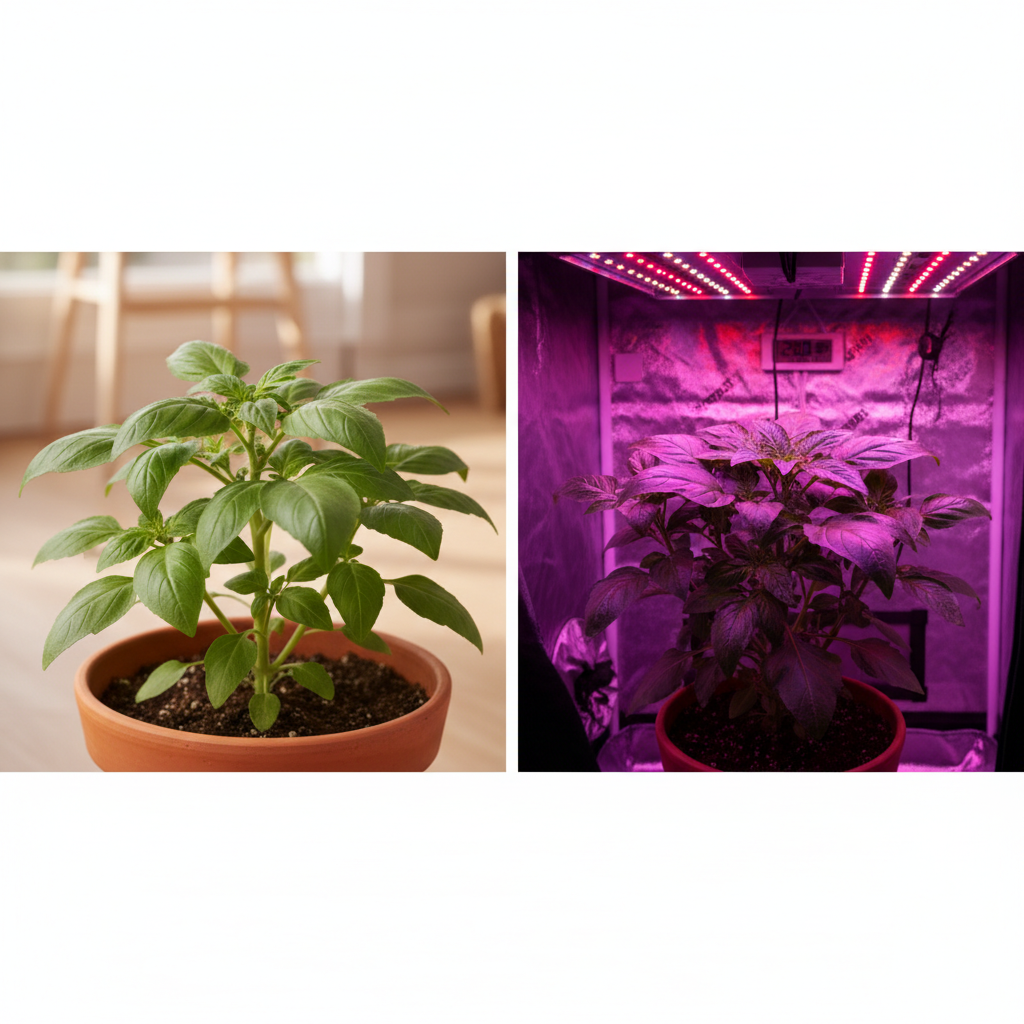 对比图:左侧植物在全光谱灯下生长自然,右侧植物在红蓝光下形态紧凑,凸显两种光谱对植物形态的不同影响