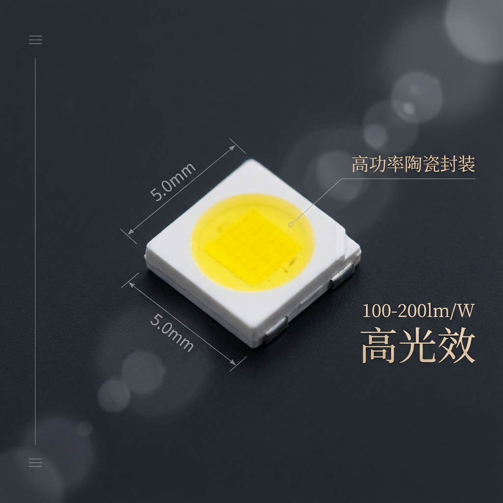 5050陶瓷高亮手电筒LED灯珠微距图,展示其5.0mm尺寸、陶瓷基板和高光效特点