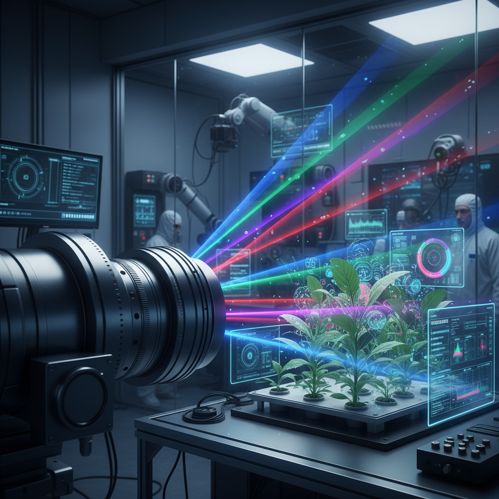 未来感十足的画面:一个高科技多光谱红外相机镜头,发出数束不同颜色的红外光束(示意不同波长),精准地照射在一株农作物上。农作物在这些光束下呈现出人眼不可见的健康数据纹理,背景是精密的光学实验室,传达出高精度和先进性。