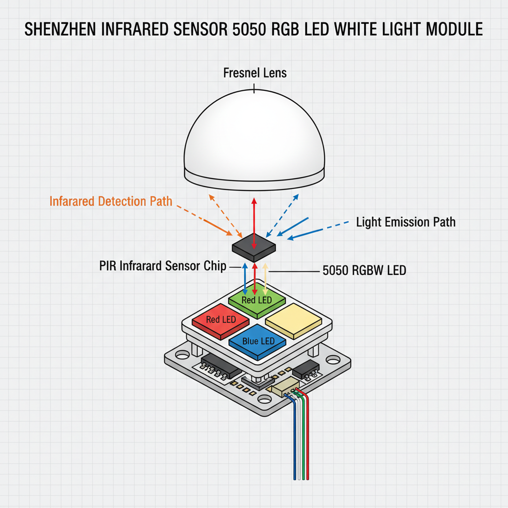 一个清晰的分解图或剖面插图,展示“深圳红外感应器5050RGB灯珠白光”模块的内部组件。图中能清晰看到菲涅尔透镜、PIR红外传感器芯片,以及一个包含红、绿、蓝和独立白光芯片的5050RGBW LED封装。箭头指示红外线检测和光线发射路径。