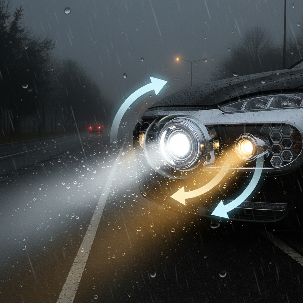 汽车前大灯特写,展示平面5050双色6V灯珠车灯,白光照亮前方道路,黄光穿透雾气,动画箭头指示两种颜色之间的切换,背景是夜晚有雾或雨的驾驶场景。
