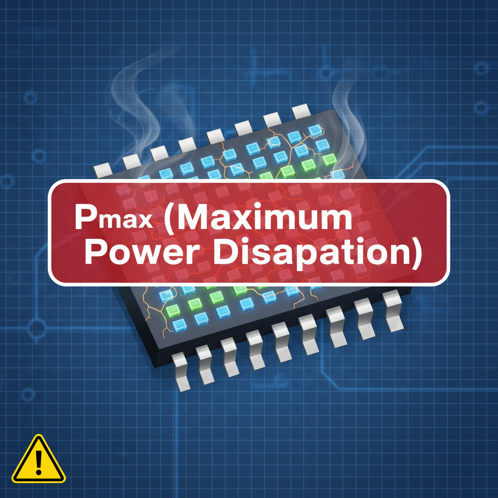 微型LED芯片或封装上叠加红色警示条,标有“Pmax (Maximum Power Dissipation)”,下方有烟雾和裂纹,警示超过最大额定功率会导致芯片过热损坏。