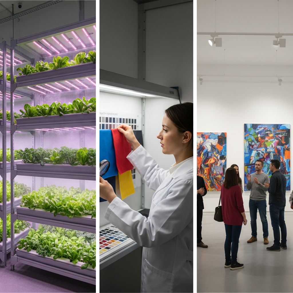 全光谱光源在各行业的应用案例:包括室内垂直农场的植物生长、工业品检的颜色识别以及美术馆的艺术品照明。