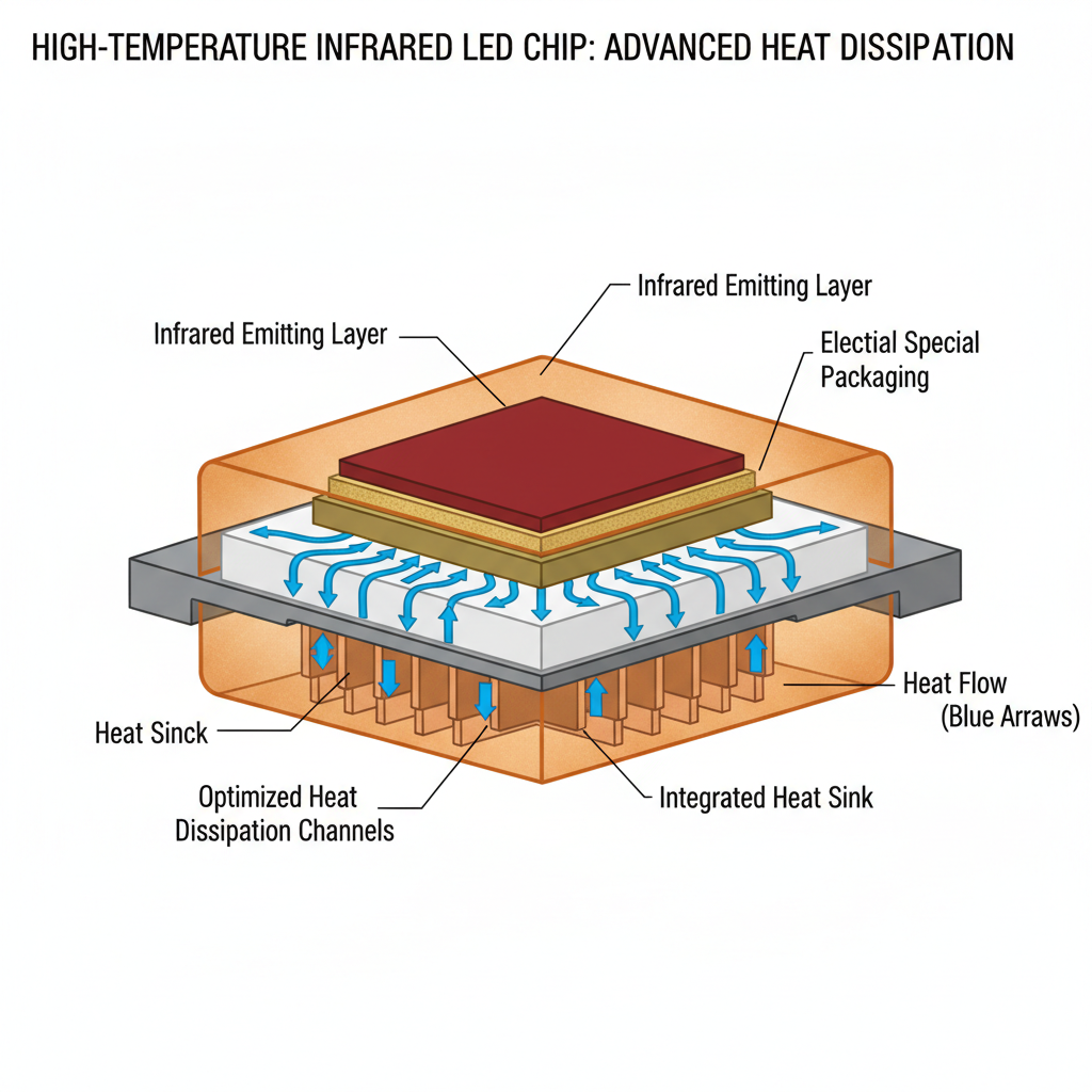 一幅耐高温红外LED灯珠的精细剖面图，突出其先进的散热设计。芯片被放置在白色陶瓷基板上，通过内部优化的散热通道（用蓝色箭头表示热量流出）有效地将热量导出，外部是坚固的特殊封装材料，确保高温下长寿命工作。