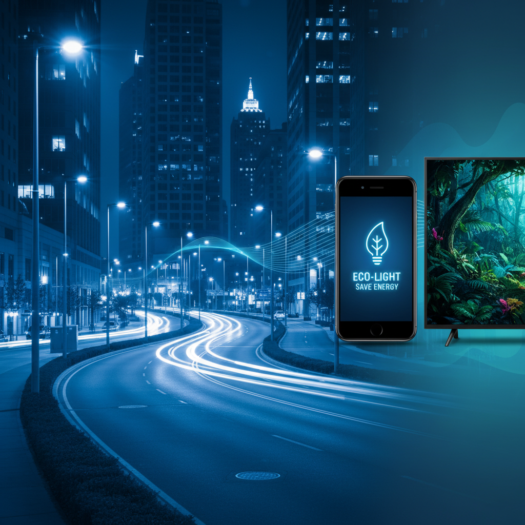 多场景拼接画面展示蓝光LED在照明和显示领域的广泛应用:节能LED路灯点亮城市街道,薄型智能手机和超高清电视屏幕流光溢彩