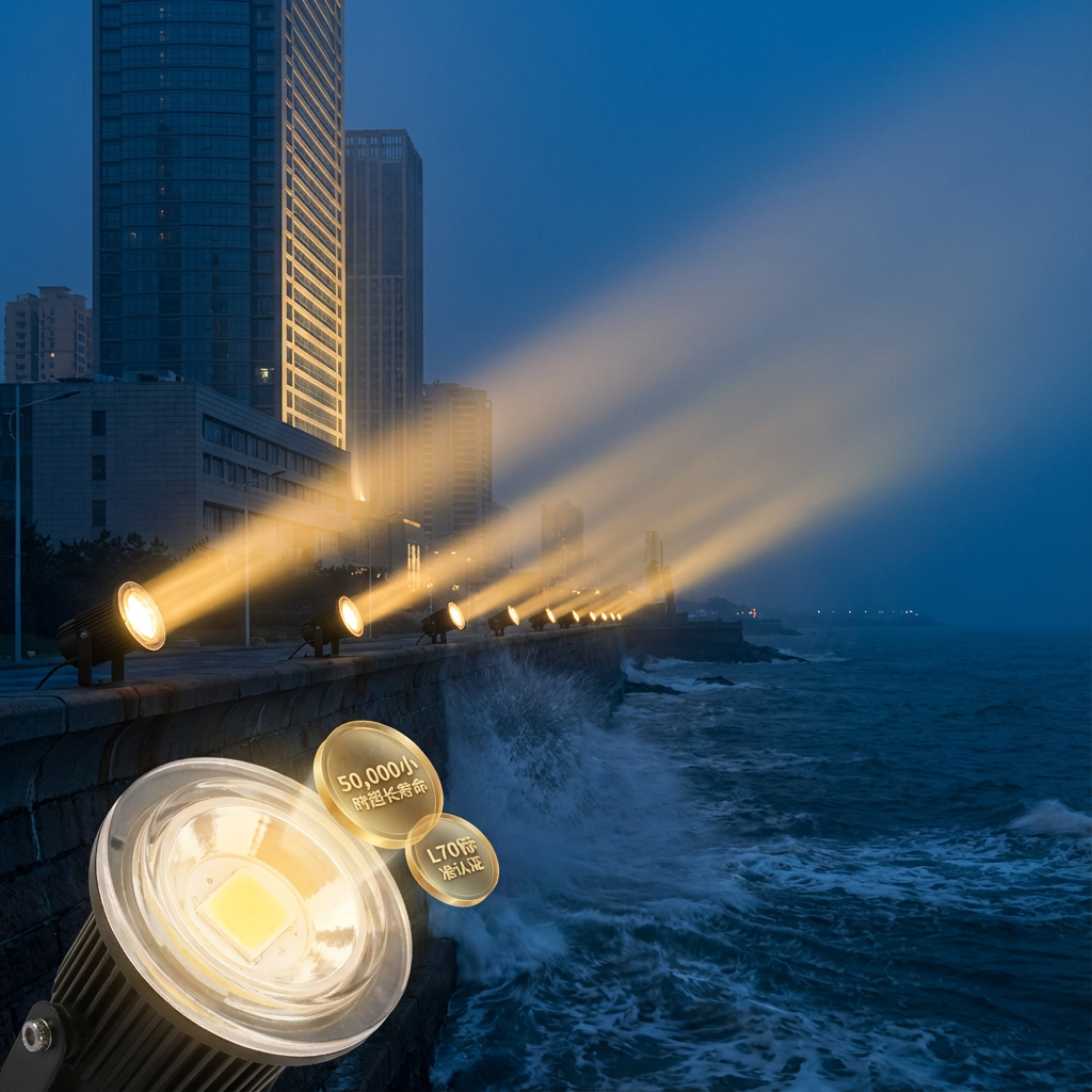 30°LED陶瓷灯珠在海滨城市户外建筑亮化项目中的应用场景，展现其在高盐雾、高湿度环境下长期稳定工作，并标注“50,000小时超长寿命”和“L70标准认证”，强调产品的可靠性和耐候性。