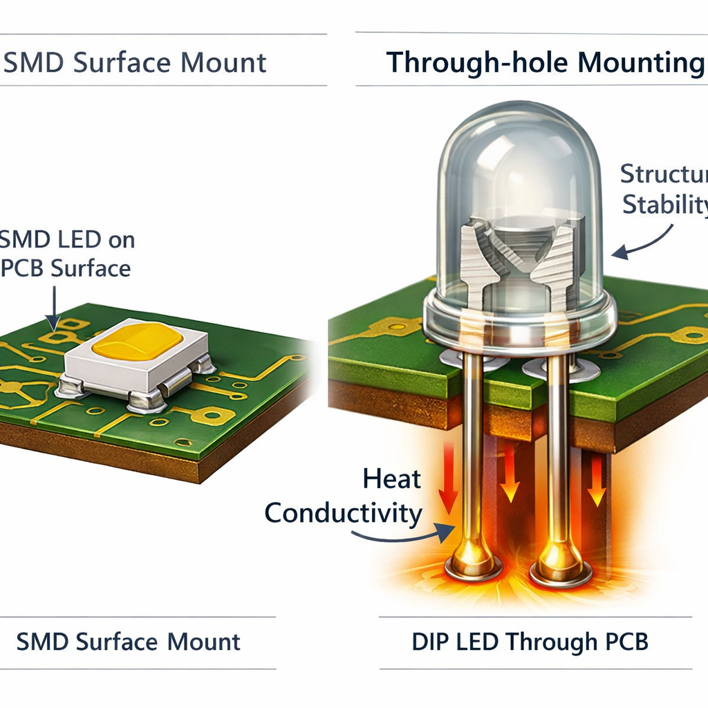 SMD贴片与DIP直插灯珠在PCB上的安装对比示意图,突出直插灯珠的穿孔固定优势、结构稳定性和热传导能力。