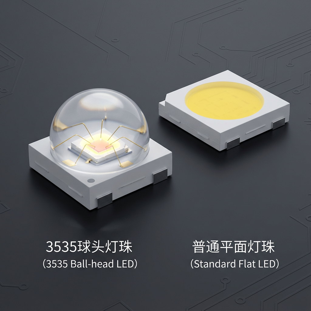 3535球头灯珠与普通平面灯珠的对比图。左侧为3535球头灯珠，顶部有半球形透镜，尺寸3.5mm x 3.5mm。右侧为普通平面封装灯珠（如2835或5050）。背景为科技感深灰色，光线柔和，突出球头透镜质感，并有中英文标注。