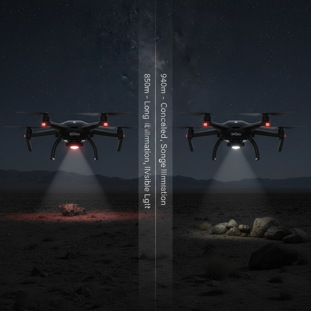 并排展示两架无人机。左侧无人机(850nm)夜间飞行时灯珠发出微弱红点,照亮较远距离的目标。右侧无人机(940nm)无可见光,隐蔽性极佳,照亮近距离目标。画面突出不同波长红外灯珠的隐蔽性与照射距离权衡。