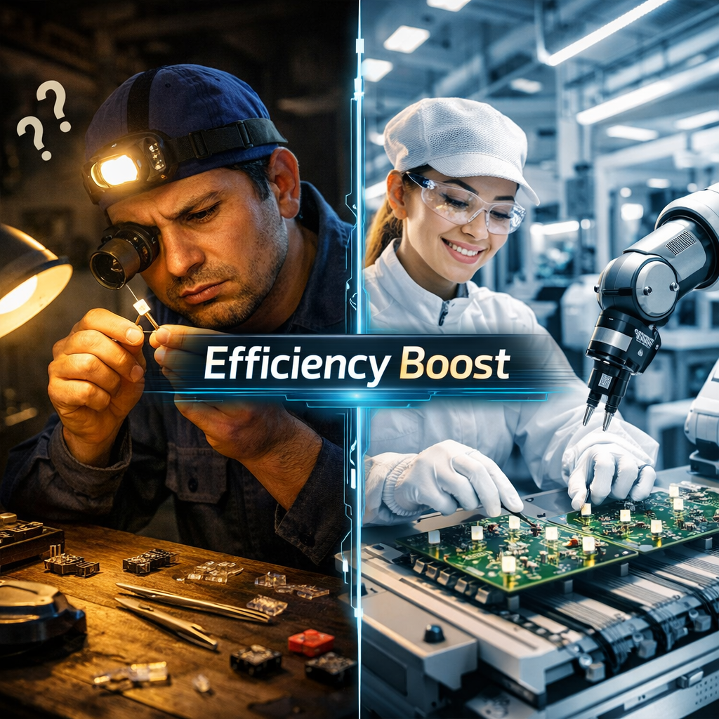 无极性LED灯珠提升生产效率对比图，展示工人轻松插装无极LED和普通LED需要费力辨认正负极的场景，凸显无极性LED在自动化生产线上的“防呆”优势。