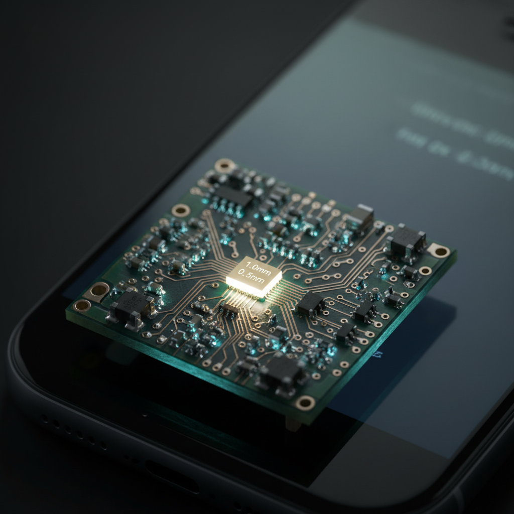 一个微型电路板的特写镜头,上面布满了闪烁的智能手机内部元件,焦点集中在一个闪亮的0402封装元件上,旁边标注着“1.0mm x 0.5mm”。元件周围散布着焊点和细小的走线,象征着高密度PCB设计的复杂性。在背景中,模糊的智能手机轮廓暗示着该技术在消费电子产品中的关键应用。